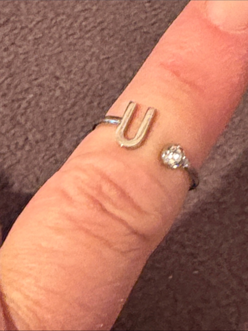 Sterling Silver Initial 'U' Open Ring with Clear Stone